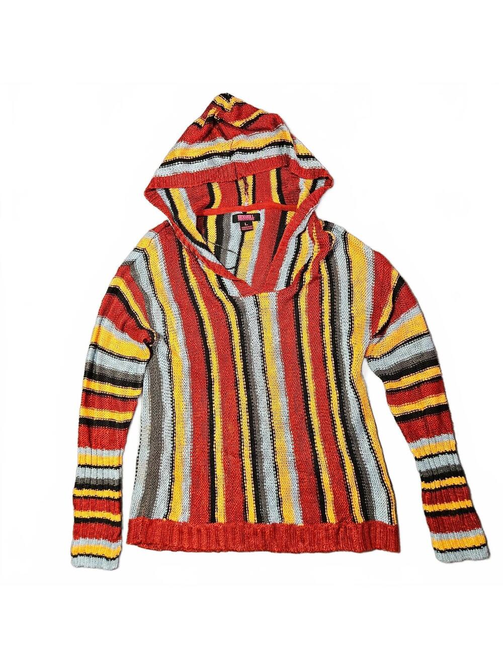 Rock & Roll Demin Women Large Multicolor Stripe Knit Hoodie Western Boho Cowgirl
